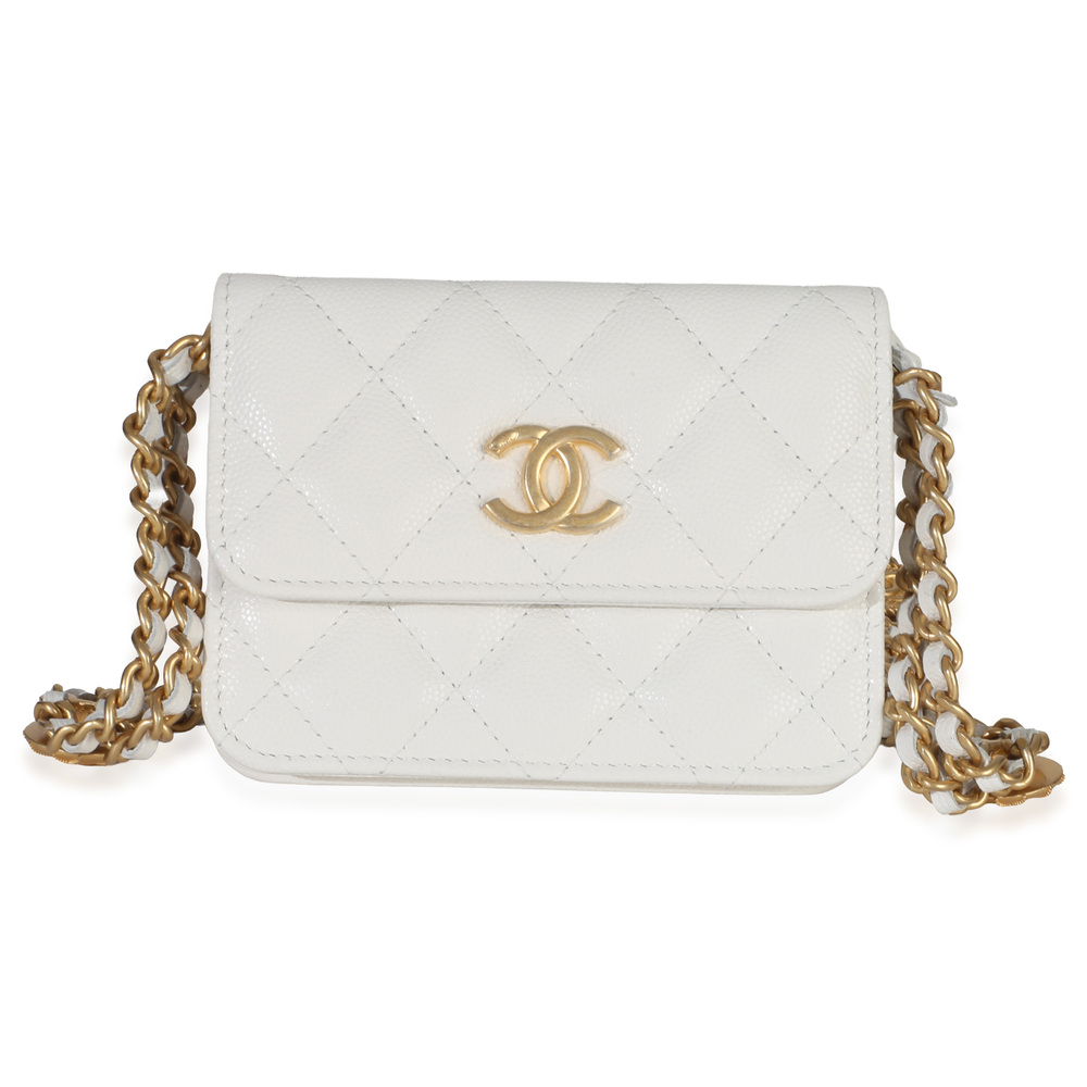 Chanel White Quilted Caviar Twist Your Buttons Coin Purse With Chain